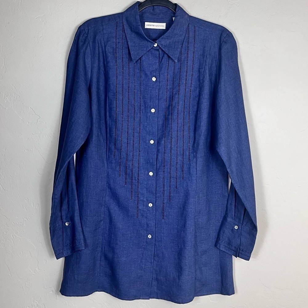 Valerie Stevens 100% Linen Button Down Side Slit Blouse Top Shirt